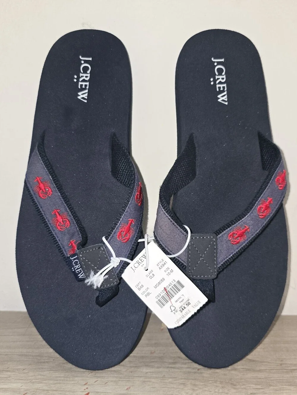 J. Crew Men's Lobster Embroidered Flip Flop Sandals Navy Blue Sz 10M NWT